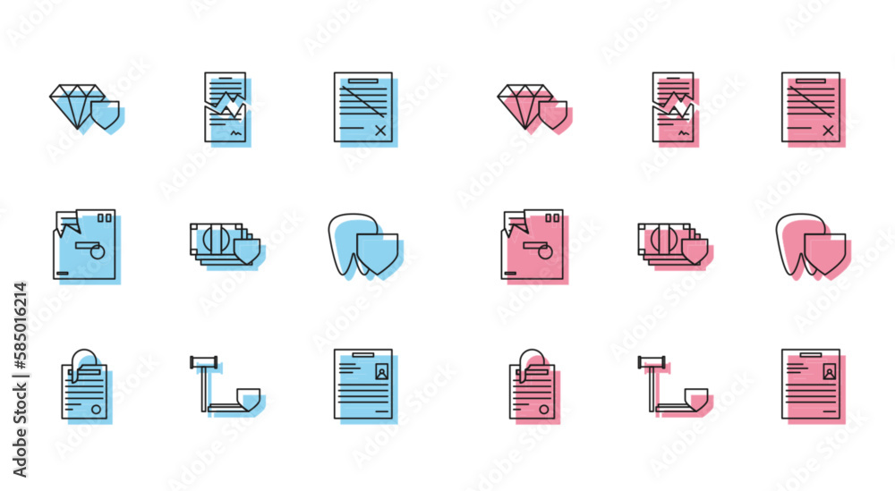 Set line File document and paper clip, Judge gavel with shield, Diamond, Personal, Money, Tooth, Ordered envelope and Torn contract icon. Vector Set line File document and paper clip, Judge gavel with shield, Diamond, Personal, Money, Tooth, Ordered envelope and Torn contract icon. Vector
