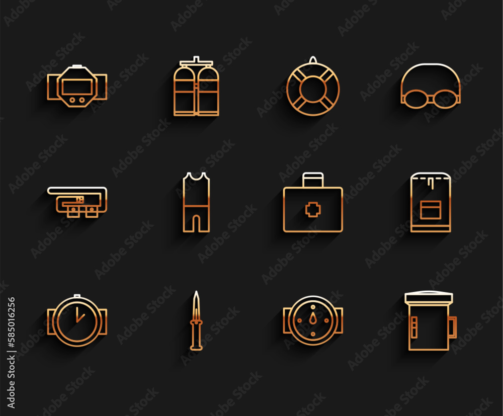 Set line Diving watch, Army knife, Wind rose, Big flashlight for diver, Wetsuit scuba diving, Backpack and First aid kit icon. Vector Set line Diving watch, Army knife, Wind rose, Big flashlight for diver, Wetsuit scuba diving, Backpack and First aid kit icon. Vector