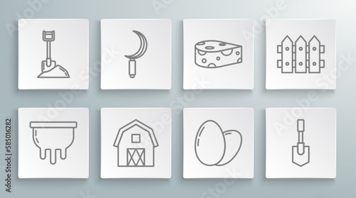 Set line Udder, Sickle, Farm House concept, Chicken egg, Shovel, Cheese, Garden fence wooden and in the ground icon. Vector