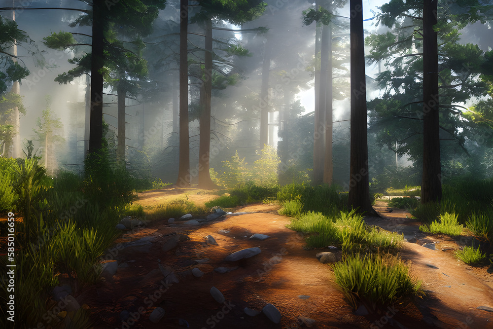 Obraz premium photo hyper realistic style, high detail photo of pine forest with a path, beautiful, bright lighting, soft natural, perfect light, octane rendering, sharp focus, studio photo, intricate details, high