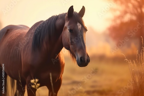 Portrait of a beautiful brown horse outdoors. Generative AI.