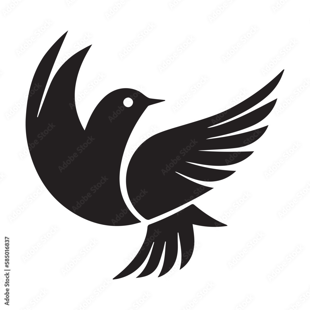 Dove, minimal black and white vector icon. Outline silhouette of a bird. Clean and modern isolated graphic art. Style and creative tattoo of animal with wings. Elegant and symbol of peace.