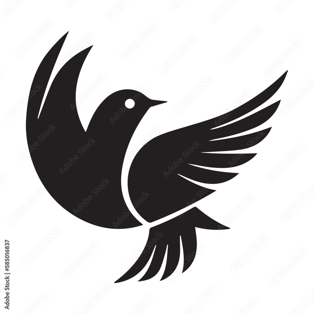 Fototapeta premium Dove, minimal black and white vector icon. Outline silhouette of a bird. Clean and modern isolated graphic art. Style and creative tattoo of animal with wings. Elegant and symbol of peace.