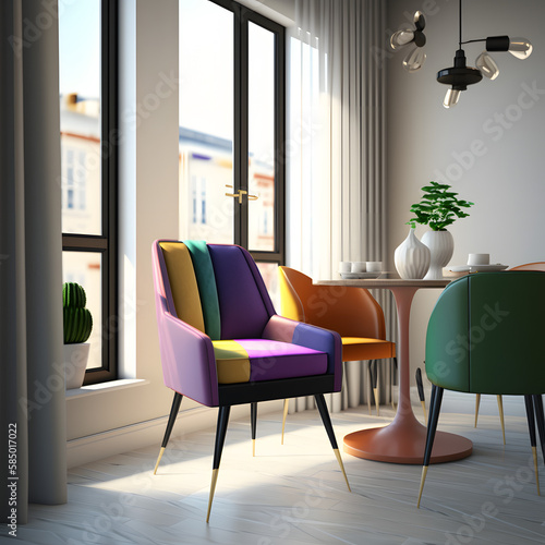 Cozy modern living room interior with multi color armchair and decoration room big window in the background, Generative AI 