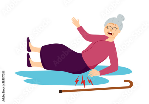 Elderly woman slip fall on wet floor in flat design on white background. Caution wet floor.