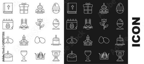 Set line Christian chalice, Easter cake and candle, Chicken egg on stand, eggs, rabbit, Calendar with, Holy bible book and Flower tulip icon. Vector