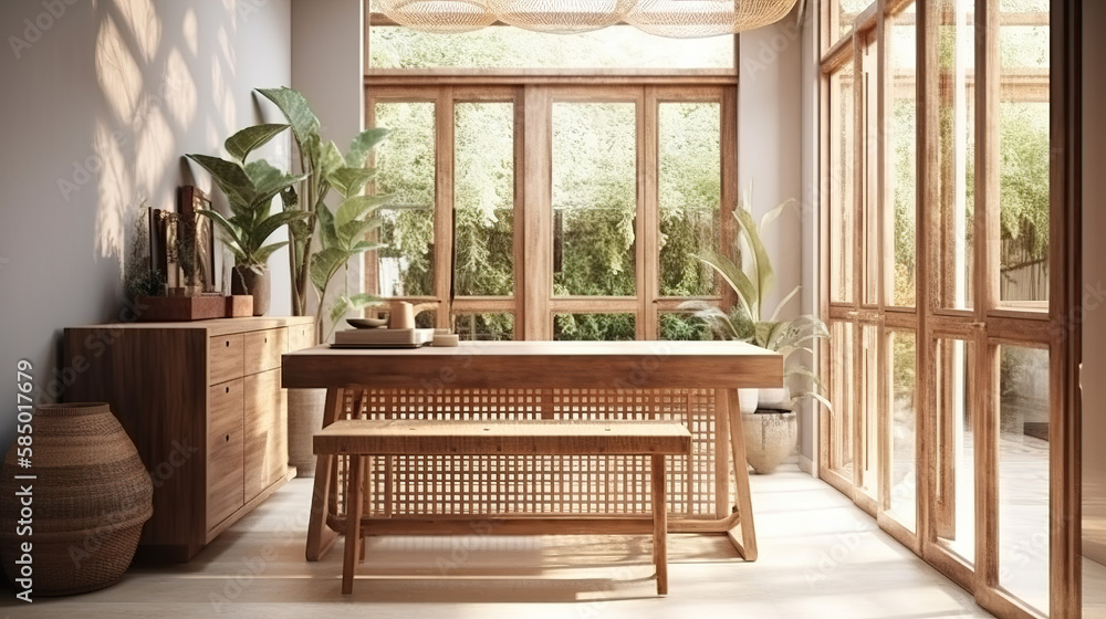 Blank wooden table counter in modern, luxury brown tropical design cafe, coffee table, rattan chair in sunlight from glass window to outdoor garden on beige wall. Interior background 3D Blank wooden table counter in modern, luxury brown tropical design cafe, coffee table, rattan chair in sunlight from glass window to outdoor garden on beige wall. Interior background 3D