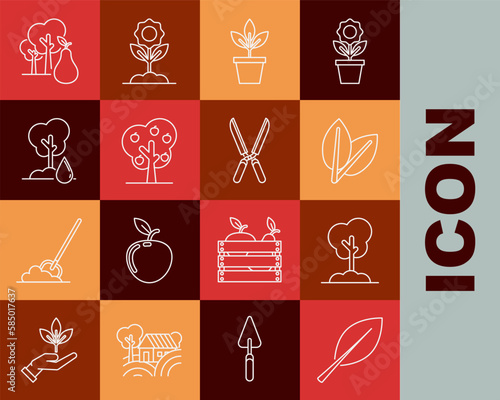 Set line Leaf, Tree in the ground, Leafs, Flowers pot, with apple, Watering, pears and Gardening handmade scissors for trimming icon. Vector