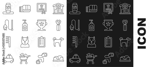 Set line Pet bed, Dog, nail clippers, Certificate for dog or cat, shampoo, toy, Cat scratching post and award icon. Vector