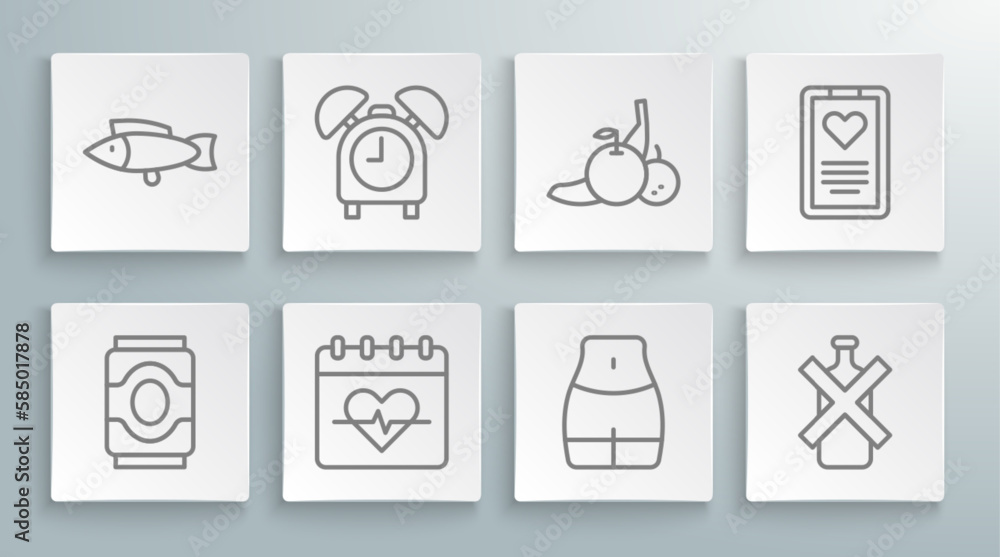 Set line Soda can, Alarm clock, Heart rate, Women waist, No alcohol, Fruit, Medical clipboard and Fish icon. Vector Set line Soda can, Alarm clock, Heart rate, Women waist, No alcohol, Fruit, Medical clipboard and Fish icon. Vector
