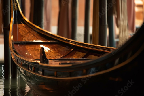 Gondola boat on the canal of Venice close up. Travel in the Italian city of Veneto. Famous traditional water transportation symbol. Ai generated