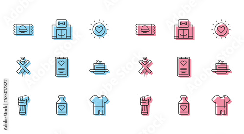 Set line Fresh smoothie, Vitamin pill, Sports nutrition, track suit, Medical clipboard, Cake, No doping syringe and Gym building icon. Vector