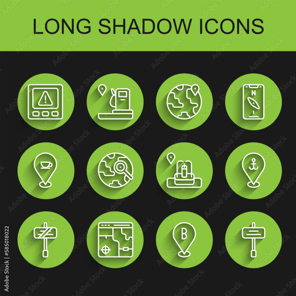 Set line Road traffic sign, Infographic of city map, Gps device error, Location, Magnifying glass with globe, anchor and fountain icon. Vector Set line Road traffic sign, Infographic of city map, Gps device error, Location, Magnifying glass with globe, anchor and fountain icon. Vector
