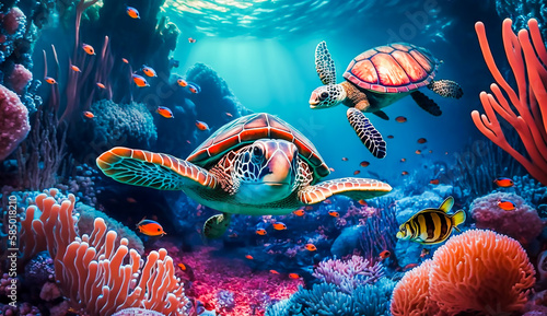 Fototapeta Naklejka Na Ścianę i Meble -  Colorful tropical fish and turtle life in the coral reef, animals of the underwater sea world, Generative AI