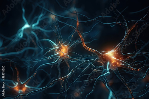 Réseau neuronal, vue microscopique des neurones du cerveau humain avec matérialisation du flux nerveux par coloration photo