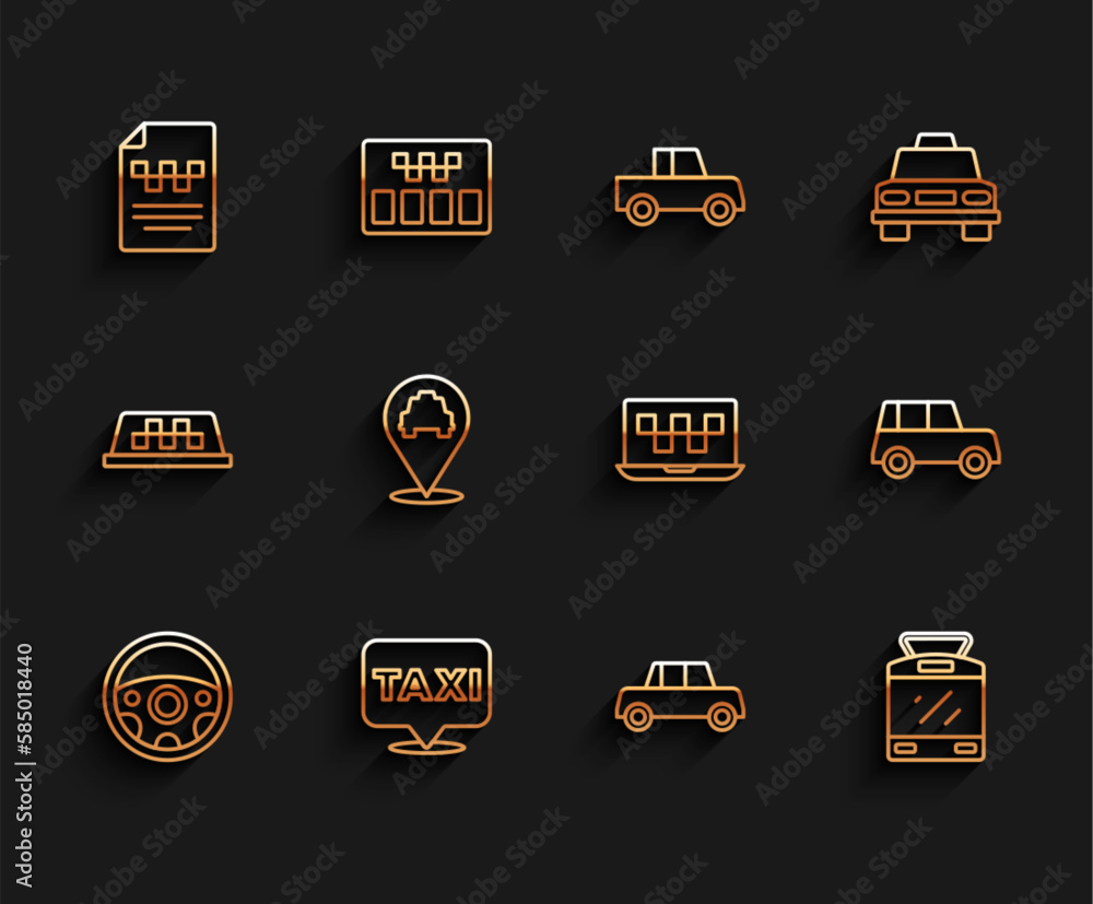 Set line Steering wheel, Location with taxi, Taxi driver license, Car, Tram and railway, and Laptop call service icon. Vector Set line Steering wheel, Location with taxi, Taxi driver license, Car, Tram and railway, and Laptop call service icon. Vector