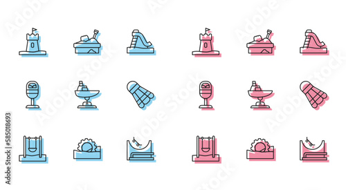 Set line Swing, Ferris wheel, Sand tower, Skate park, boat, Badminton shuttlecock, Trash can and Sandbox with sand icon. Vector