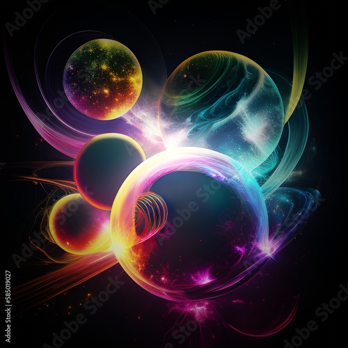 Neon color futuristic universe with glowing planets and stars. 3D rendering background illustration.