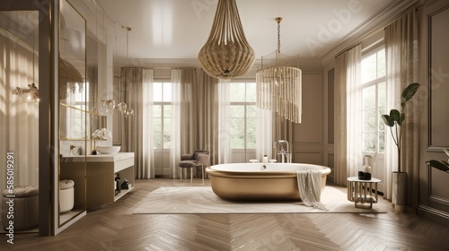 beautiful master bathroom contemporary interior design bathtub with morning sun light from window  image ai generate