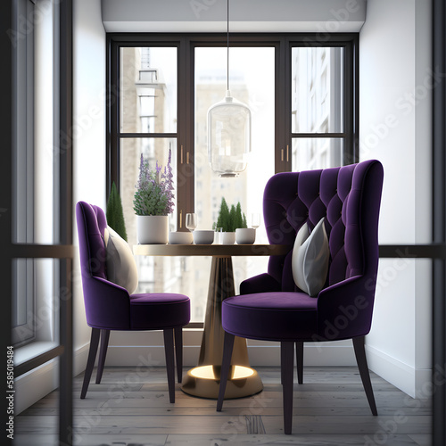 Cozy modern living room interior with purple armchair and decoration room big window in the background  Generative AI 