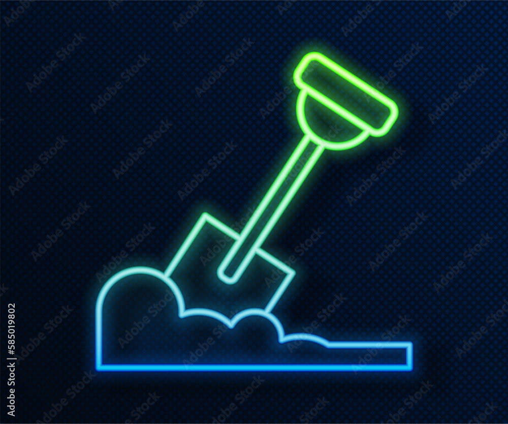 Glowing neon line Shovel in the ground icon isolated on blue background. Gardening tool. Tool for horticulture, agriculture, farming. Vector Glowing neon line Shovel in the ground icon isolated on blue background. Gardening tool. Tool for horticulture, agriculture, farming. Vector