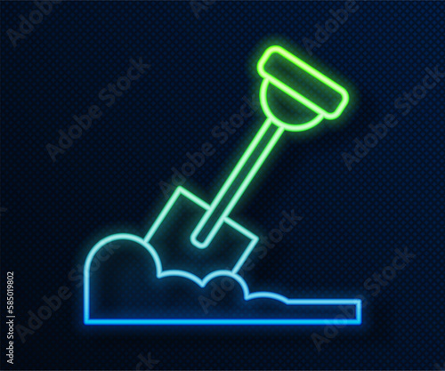 Glowing neon line Shovel in the ground icon isolated on blue background. Gardening tool. Tool for horticulture, agriculture, farming. Vector