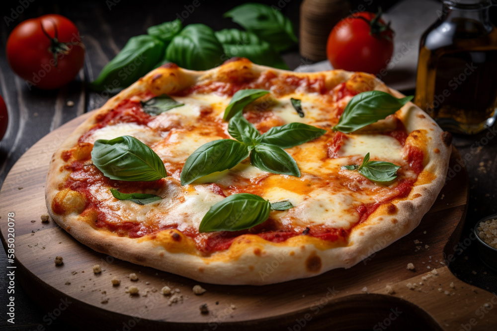 Illustration of Margherita pizza garnished with fresh basil, look delicious. Generative AI. Illustration of Margherita pizza garnished with fresh basil, look delicious. Generative AI.