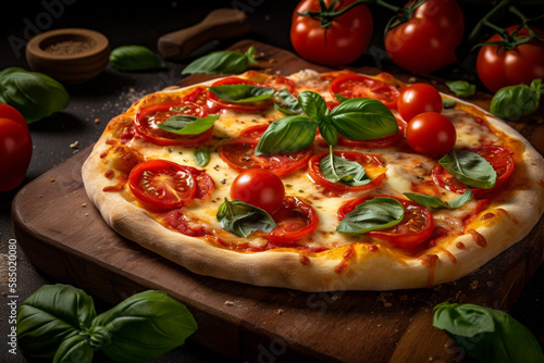 Illustration of Margherita pizza garnished with fresh basil, look delicious. Generative AI.