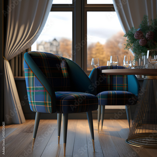 Cozy modern living room interior with Tartan armchair and decoration room big window in the background, Generative AI 