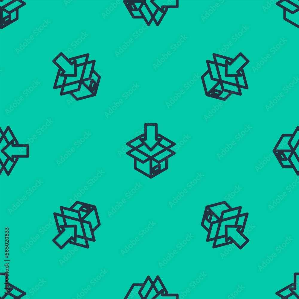 Blue line Carton cardboard box icon isolated seamless pattern on green background. Box, package, parcel sign. Delivery and packaging. Vector Blue line Carton cardboard box icon isolated seamless pattern on green background. Box, package, parcel sign. Delivery and packaging. Vector