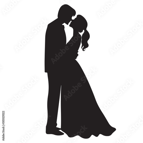 Couple getting married. Black and white icon of young husband and wife at wedding. Symbol of romance and love. Traditional marriage. Romantic card of the groom and the bride. Line art logo. Vintage