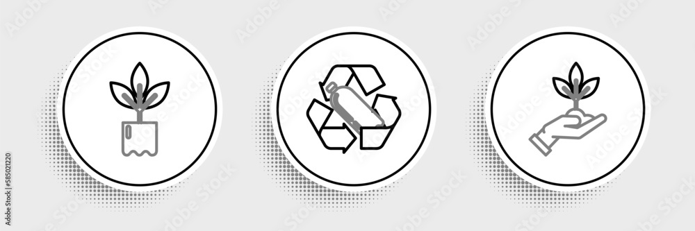 Set line Plant in hand of environmental protection, bottle and Recycling plastic icon. Vector Set line Plant in hand of environmental protection, bottle and Recycling plastic icon. Vector