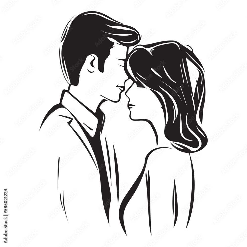 Groom kissing the bride. Minimal vector icon of traditional wedding. Woman in a bridal dress with veil. Happy loving relationship. Newlywed cartoon drawing. Husband and wife. Logo design. White dress