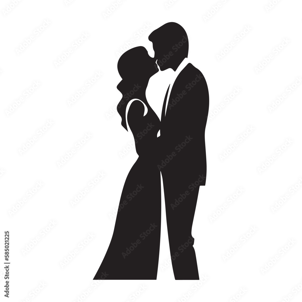 Couple getting married. Black and white icon of young husband and wife at wedding. Symbol of romance and love. Traditional marriage. Romantic card of the groom and the bride. Line art logo. Vintage