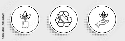 Set line Plant in hand of environmental protection, bottle and Recycling plastic icon. Vector