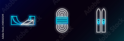 Set line Ski and sticks, Skate park and Climber rope icon. Glowing neon. Vector