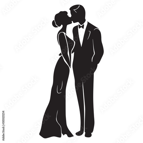 Couple getting married. Black and white icon of young husband and wife at wedding. Symbol of romance and love. Traditional marriage. Romantic card of the groom and the bride. Line art logo. Vintage