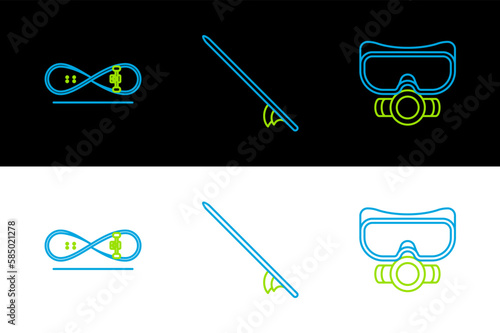 Set line Diving mask, Skateboard trick and Surfboard icon. Vector