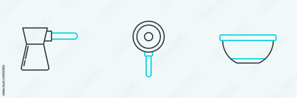 Set line Bowl, Coffee turk and Frying pan icon. Vector Set line Bowl, Coffee turk and Frying pan icon. Vector