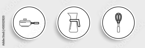 Set line Kitchen whisk, Frying pan and Measuring cup icon. Vector