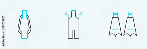 Set line Rubber flippers for swimming, Carabiner and Wetsuit scuba diving icon. Vector