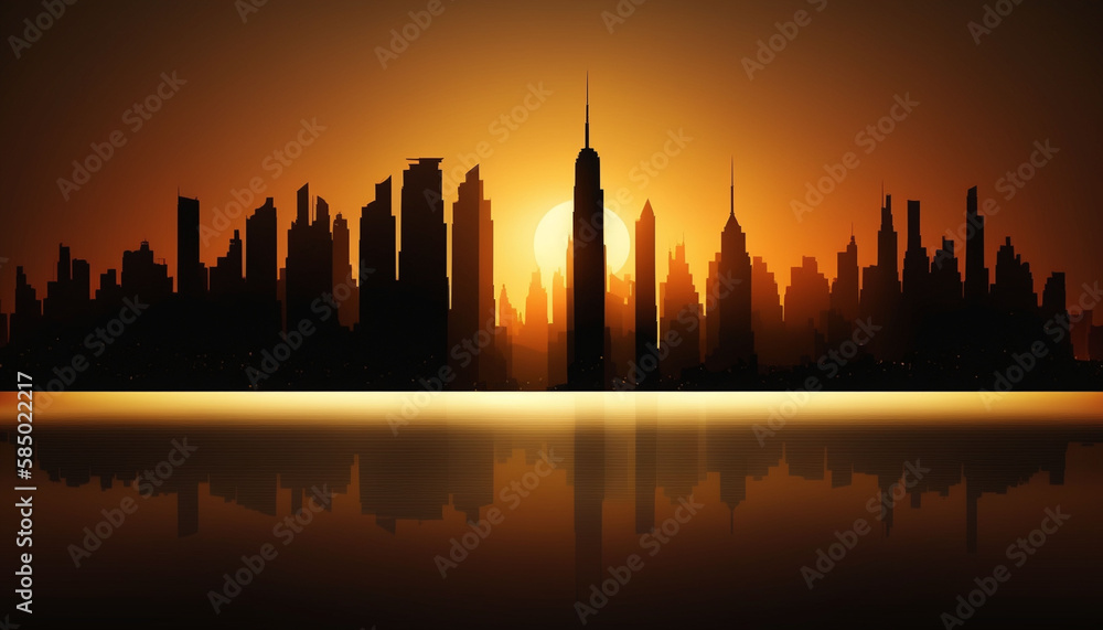 Abstract silhouette of the city on a background of the evening sky. AI generated