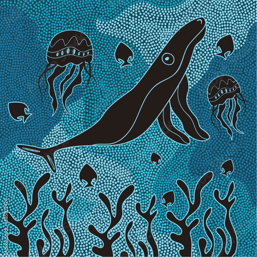 Underwater world in aboriginal dot art style