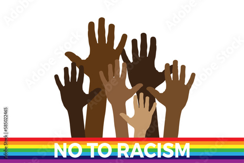 No to racism. Stop to racism and discrimination. Hands of different races. Vector Illustration