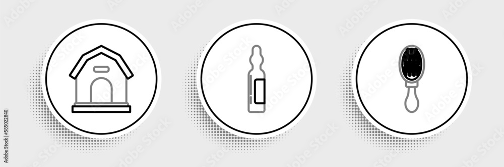 Set line Hair brush for dog and cat, Dog house and Pets vial medical icon. Vector Set line Hair brush for dog and cat, Dog house and Pets vial medical icon. Vector
