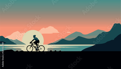 Man cylcing between the mountains and the beach. Healthy activity. Bike trip. Ecological transportation. Vector art of biker traveling. Sport athlete competing. Hipster lifestyle vacation. Pedal racer
