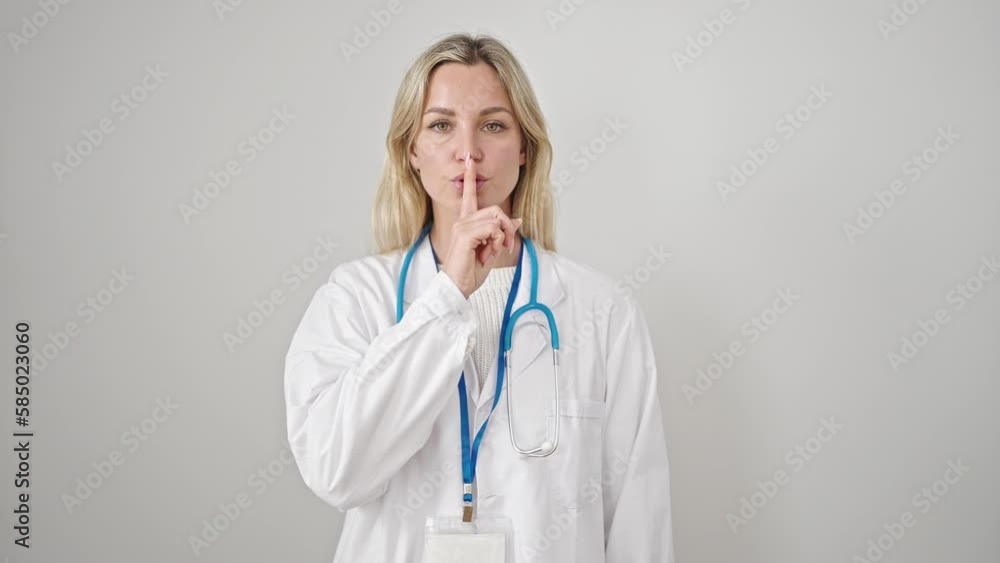 Young blonde woman doctor asking for silent over isolated white background Young blonde woman doctor asking for silent over isolated white background