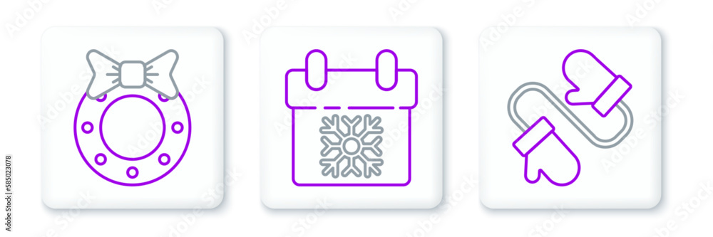 Set line Pair of knitted christmas mittens, Christmas wreath and Calendar icon. Vector Set line Pair of knitted christmas mittens, Christmas wreath and Calendar icon. Vector