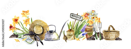 Obraz na plátně Watercolor illustration of garden spring flowers, gardener's tools and garden decor