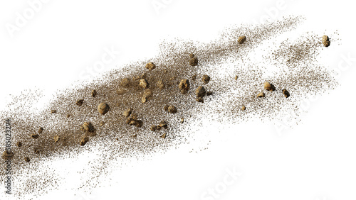 flying debris and dust, dirt close-up isolated on transparent background